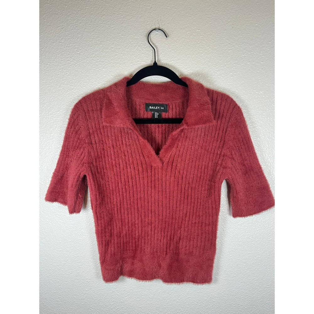 Anthropologie Bailey 44 Fuzzy Knit Short Sleeve Polo Sweater Ribbed Rust Medium - Picture 3 of 7